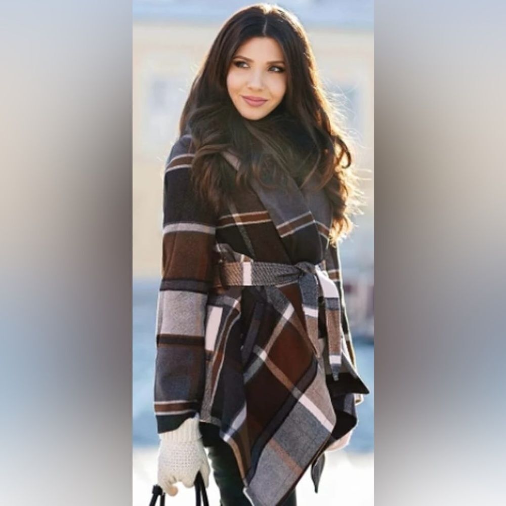 Women Earth Tone Shawl Collar Turn Down Check Asymmetric Hemline Wool Blend Coat